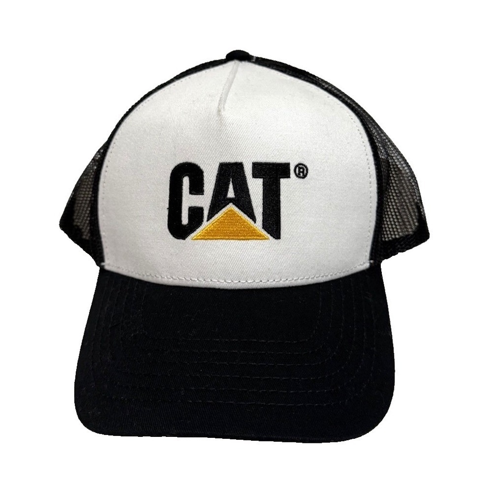 CAT Caterpillar Trucker Hat Cap Mesh Adjustable Black Yellow Logo Embroidered